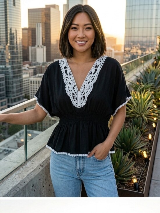 Fun & Flirt Tops - Fun & Flirt Black Top with White Crochet Trim
